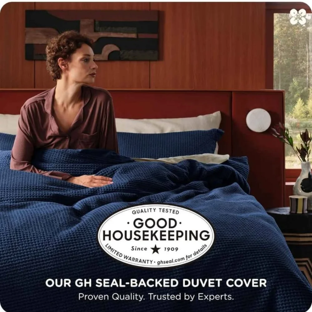 Bedsure Cotton Duvet Cover Set - 100% Cotton Waffle Weave Navy Duvet Cover King